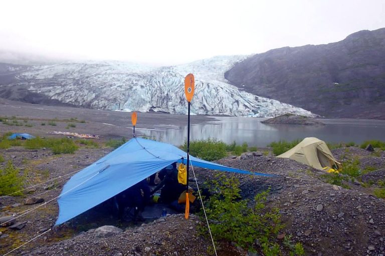 Tarp shelter rigged between trees