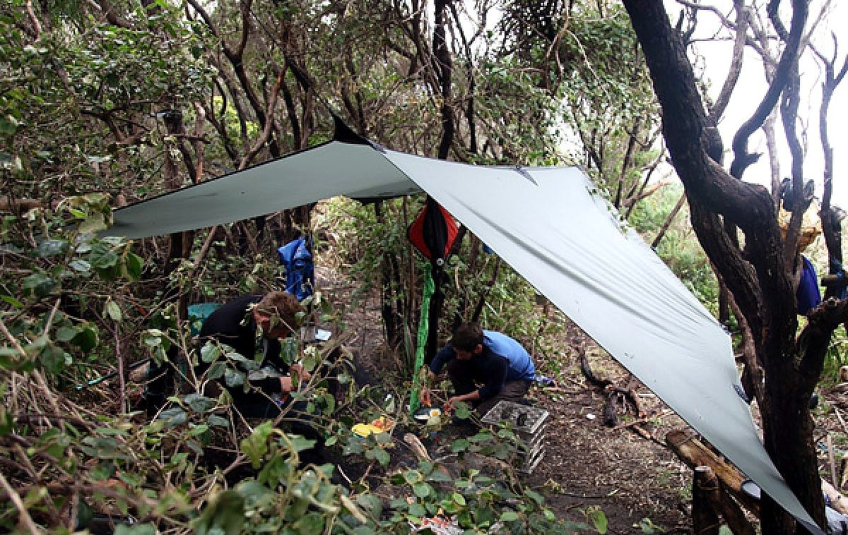 Group tarp rigged over a camp kitchen
